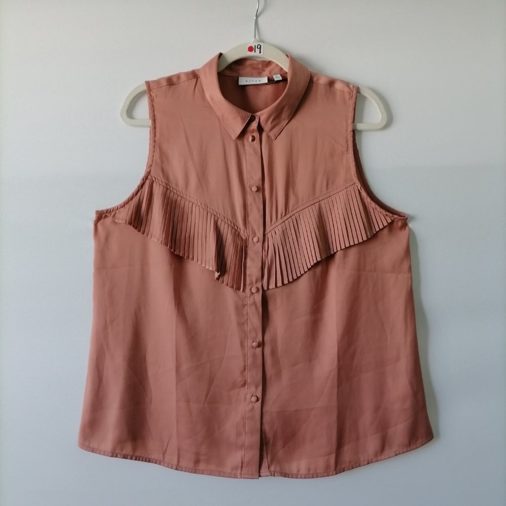 NWT K/lab Womens Peach Pink Sleeveless Pleated Yoke Button-Up Shirt Top Size L